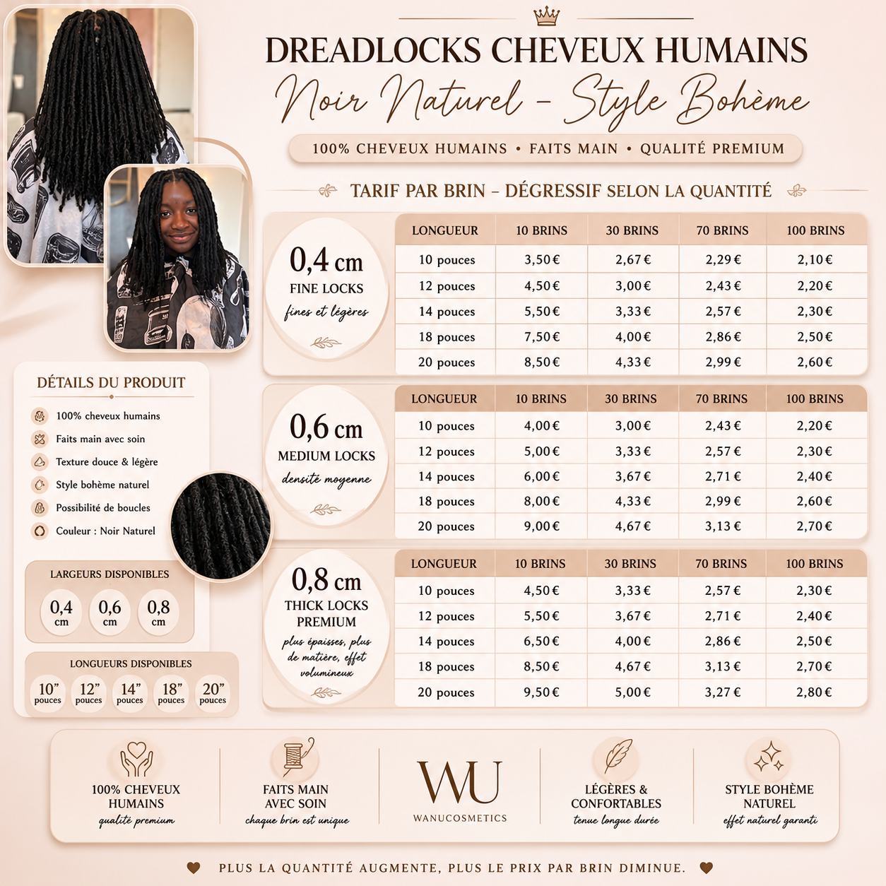 Dreadlocks Cheveux Humains Noir Naturel – Style Bohème
