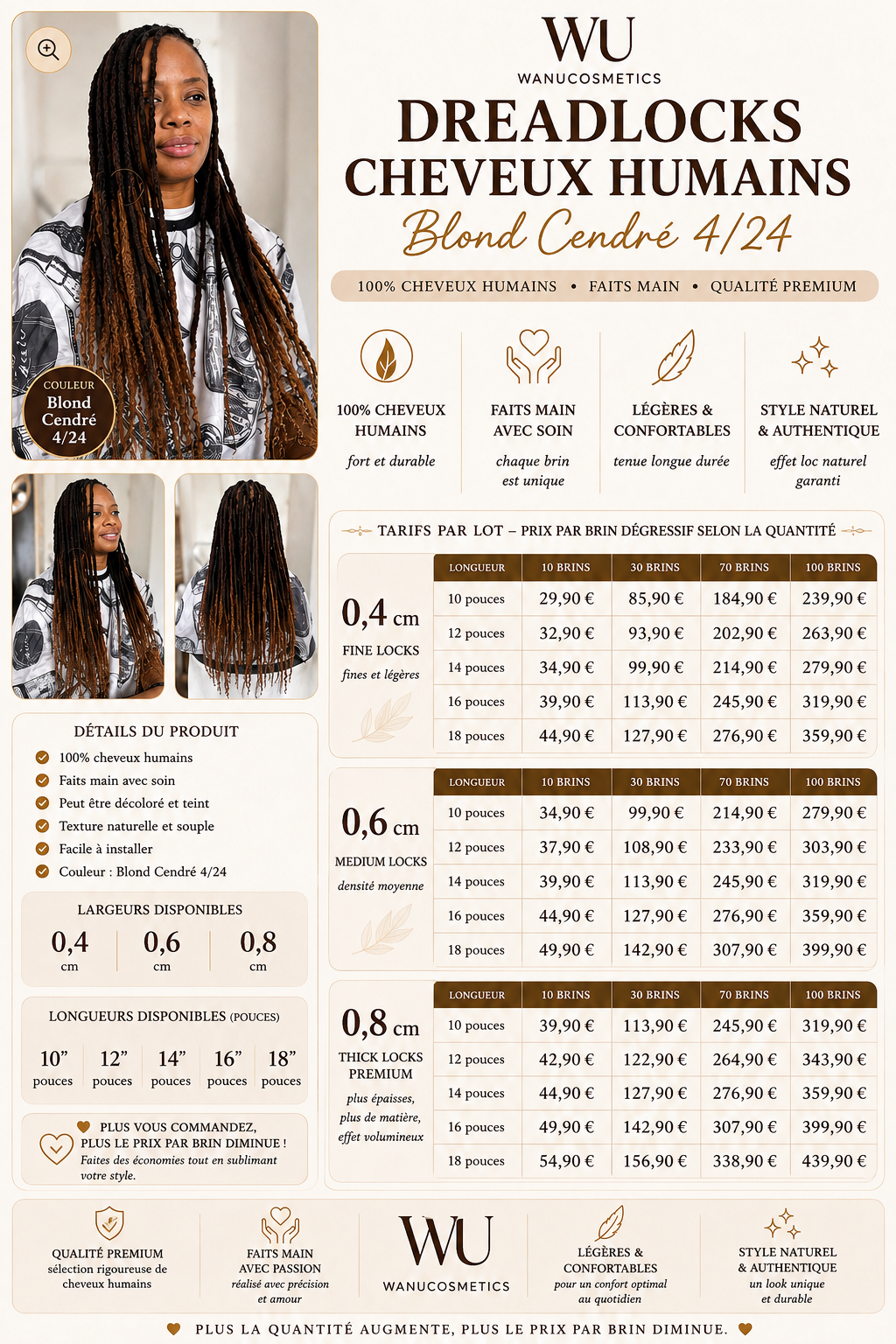 Dreadlocks Cheveux Humains Blond Cendré 4/24