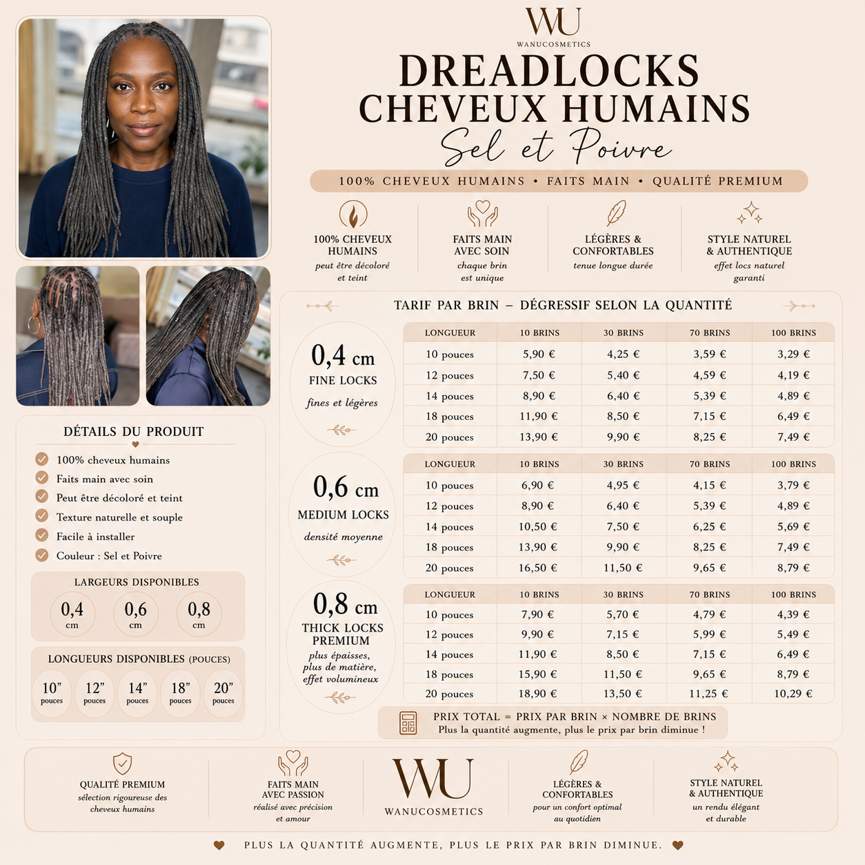 Dreadlocks Cheveux Humains Sel et Poivre