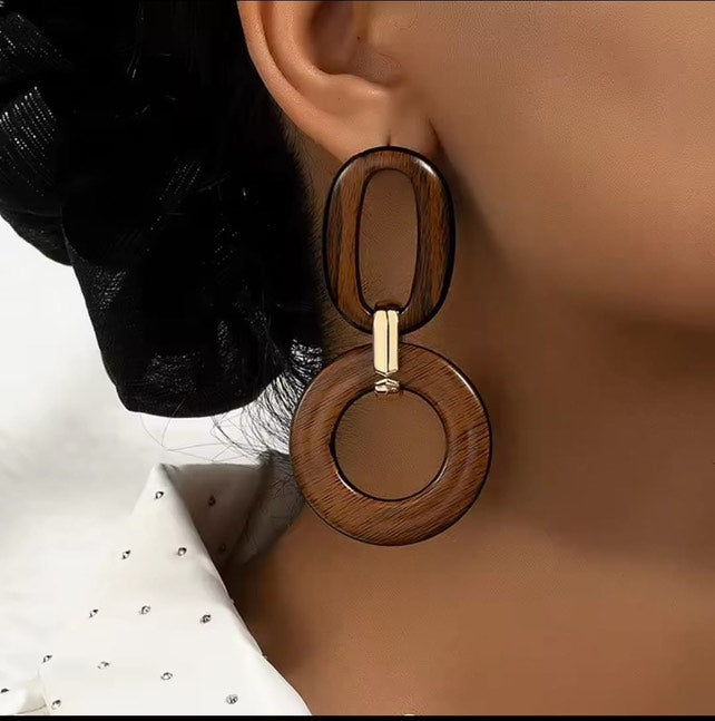 Boucles d’Oreilles Rondes Vintage en Bois - Métal Doré