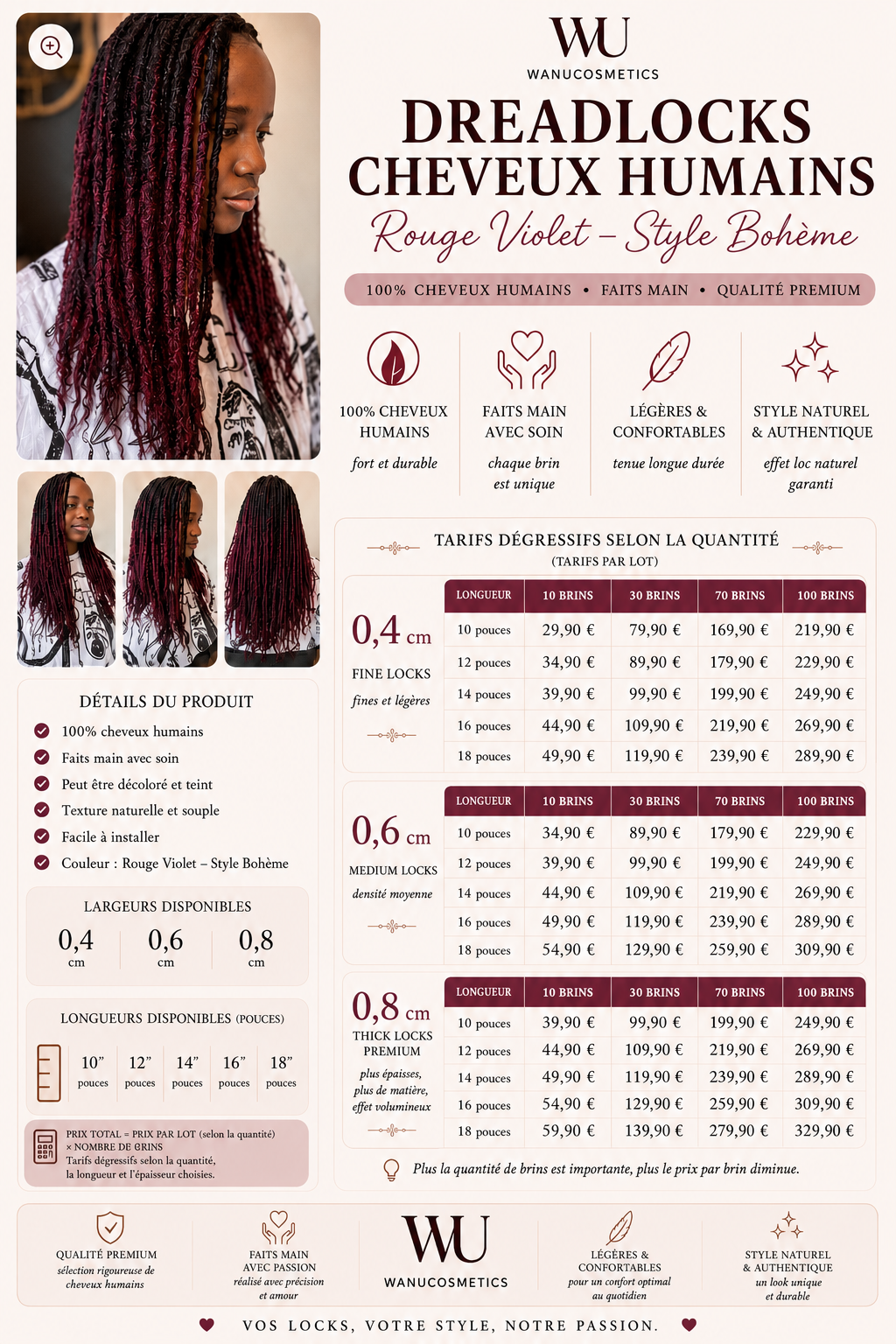 Dreadlocks Cheveux Humains Rouge Violet – Style Bohème