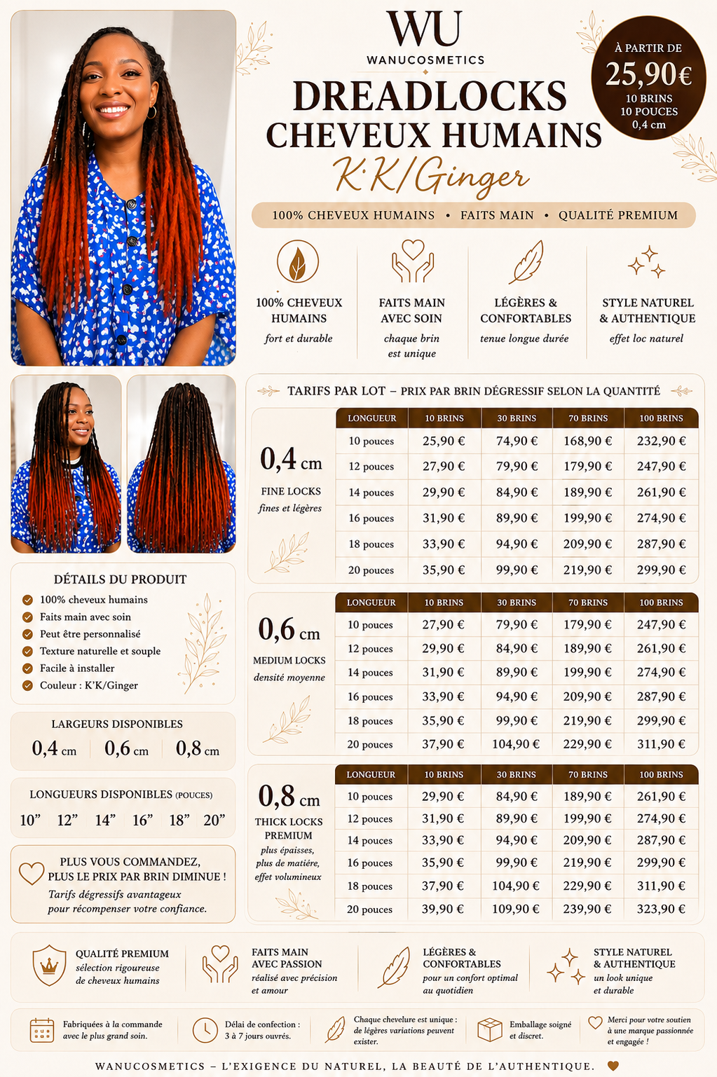 Dreadlocks Cheveux Humains KK/Ginger – Largeurs 0.4,0.6 cm & 0.8 cm