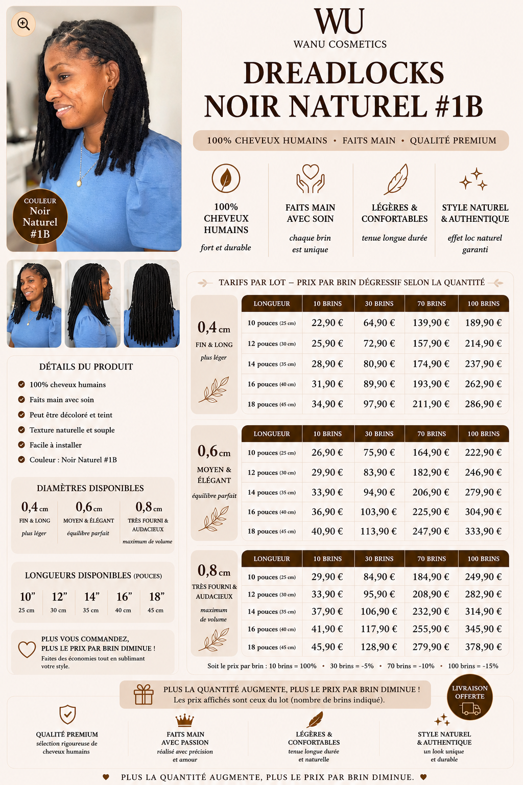 Dreadlocks Cheveux Humains Noir Naturel #1B