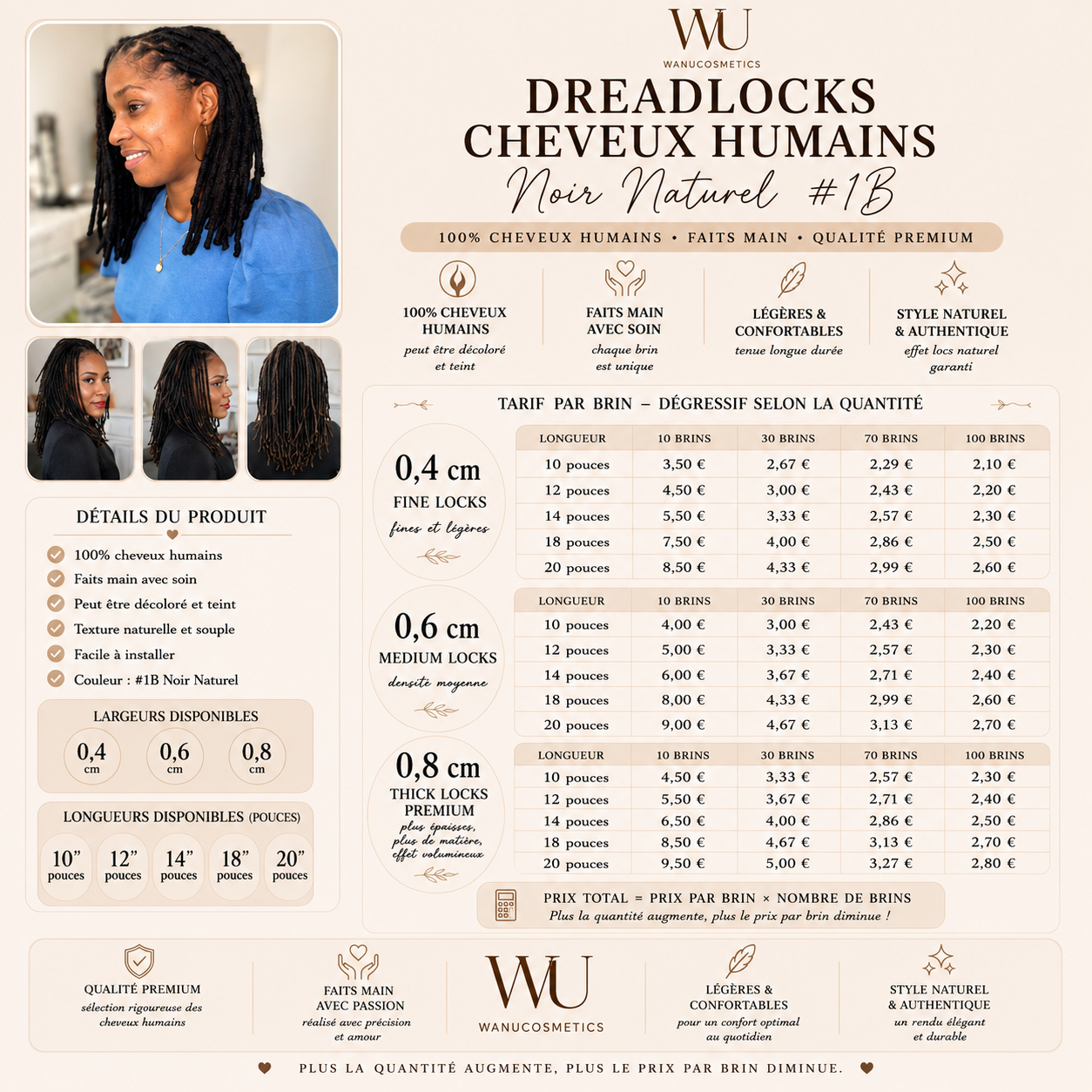 Dreadlocks Cheveux Humains Noir Naturel #1B