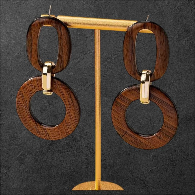 Boucles d’Oreilles Rondes Vintage en Bois - Métal Doré